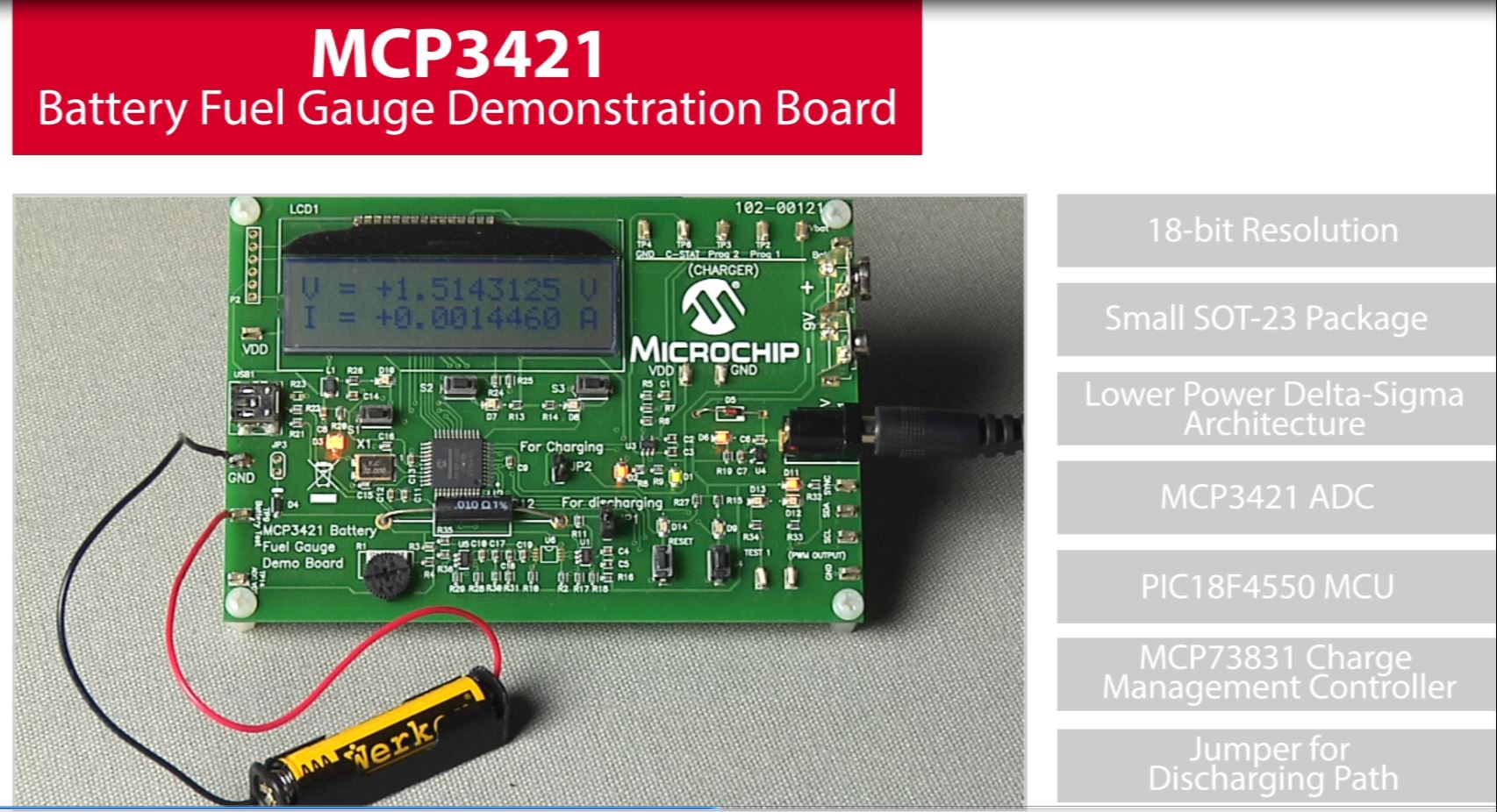 MCP3421电池电量监测演示板